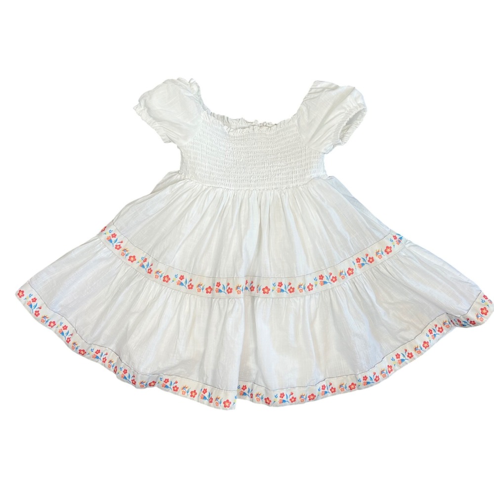 Rachel‎ Zoe Girls 4T White Smocked Floral Embroidered Boho Tiered Cotton Dress